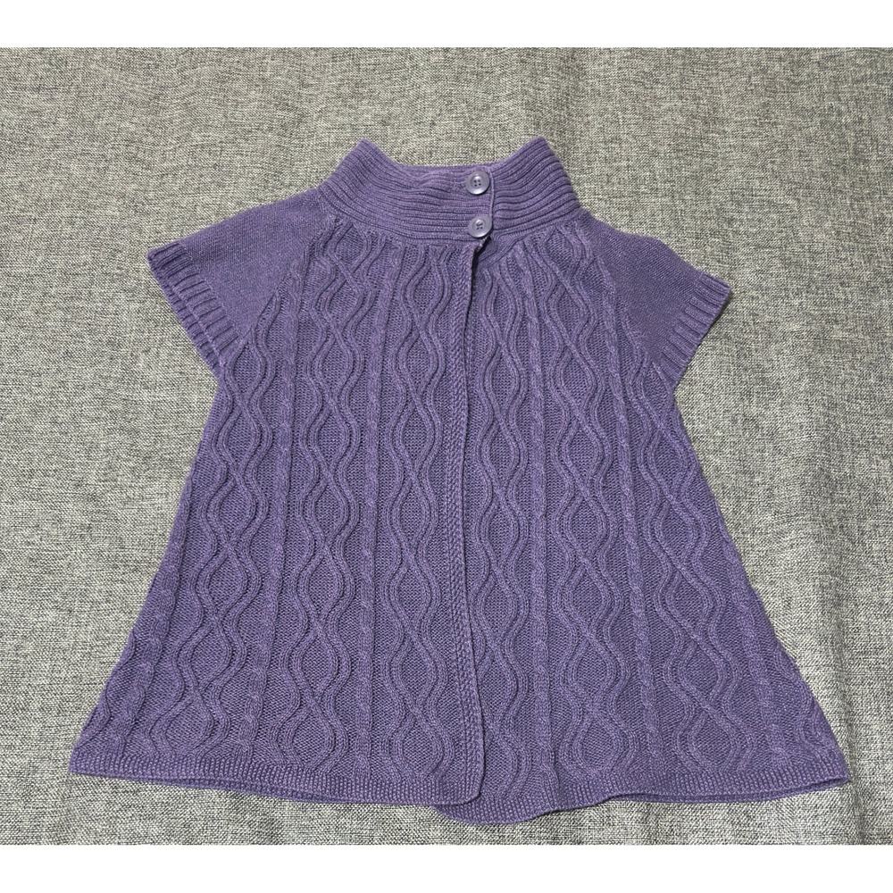 Sonoma Womens Large Sweater Vest Purple Cable Knit Mock Neck Cap Sleeve Button
